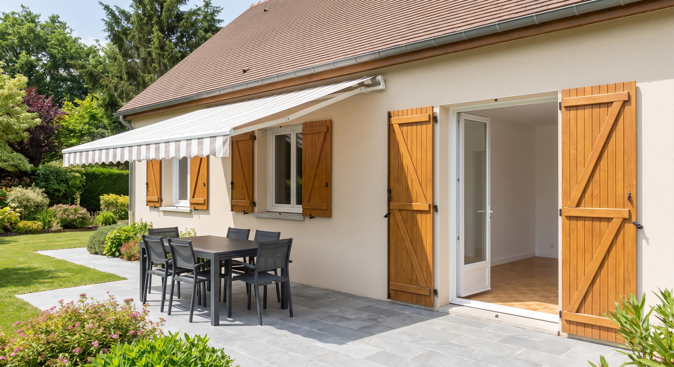 Photographie réaliste d'une maison pavillonnaire française après rénovation complète : façade fraîchement repeinte en enduit beige clair, volets bois teinte chêne récemment restaurés, toiture en tuiles bien entretenue. Terrasse attenante pavée de carrelage grès cérame gris, salon de jardin en aluminium anthracite, store banne rétractable rayé blanc et taupe. Porte-fenêtre PVC blanche ouverte donnant accès à l'intérieur rénové partiellement visible, parquet clair et murs blancs fraîchement peints. Éclairage naturel lumineux, jardin paysager entretenu en arrière-plan. Image qui incarne la qualité et l'ampleur des travaux de rénovation intérieure-extérieure proposés par CBG.