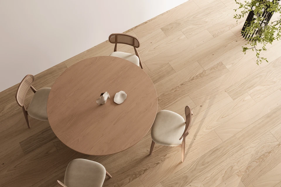 Couloir d'appartement rénové, lumineux, avec parquet stratifié chêne clair