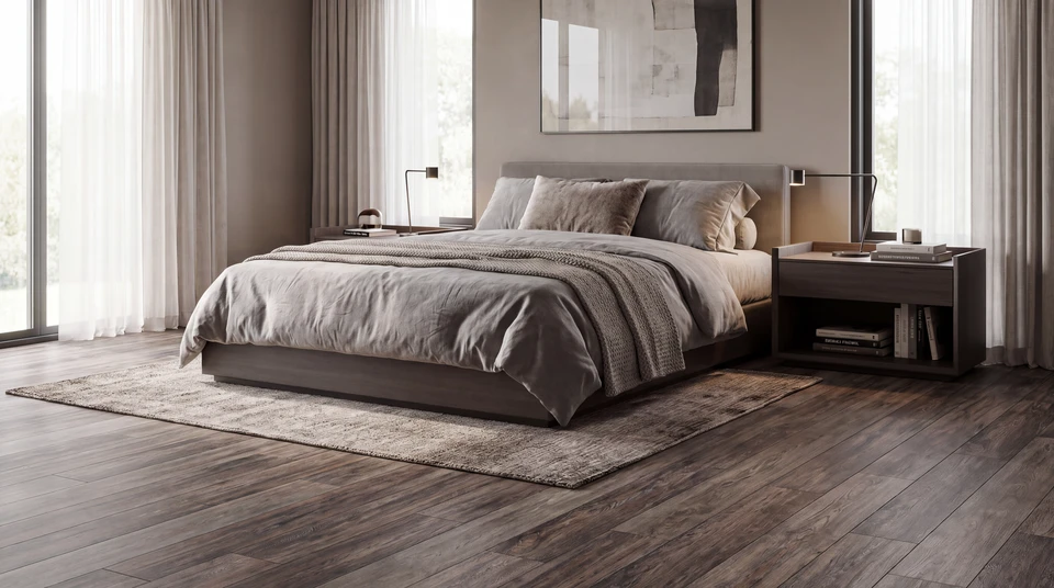 Couloir d'appartement rénové, lumineux, avec parquet stratifié chêne clair